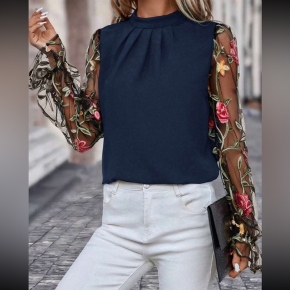 Luxe black floral embroidered mesh sleeve blouse - Picture 7 of 10